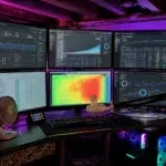 Five-monitor analytics command center workstation displaying technical SEO data dashboards