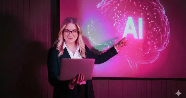 Randi Bagley presenting an AI graphic beside a laptop in a dark presentation room
