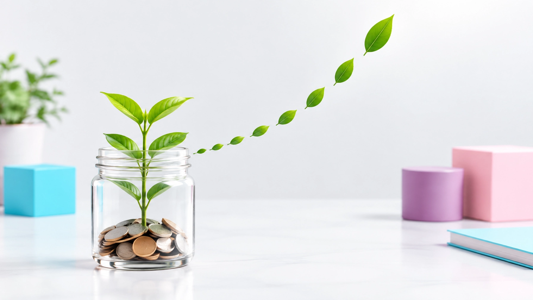 A young plant growing beside coins in a bright glass jar, representing steady organic business growth