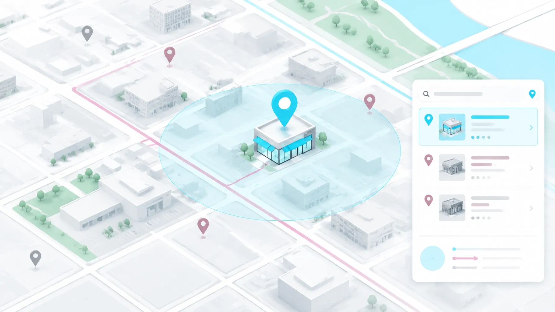 Bright local search map with a highlighted dispensary and Google Maps location pins