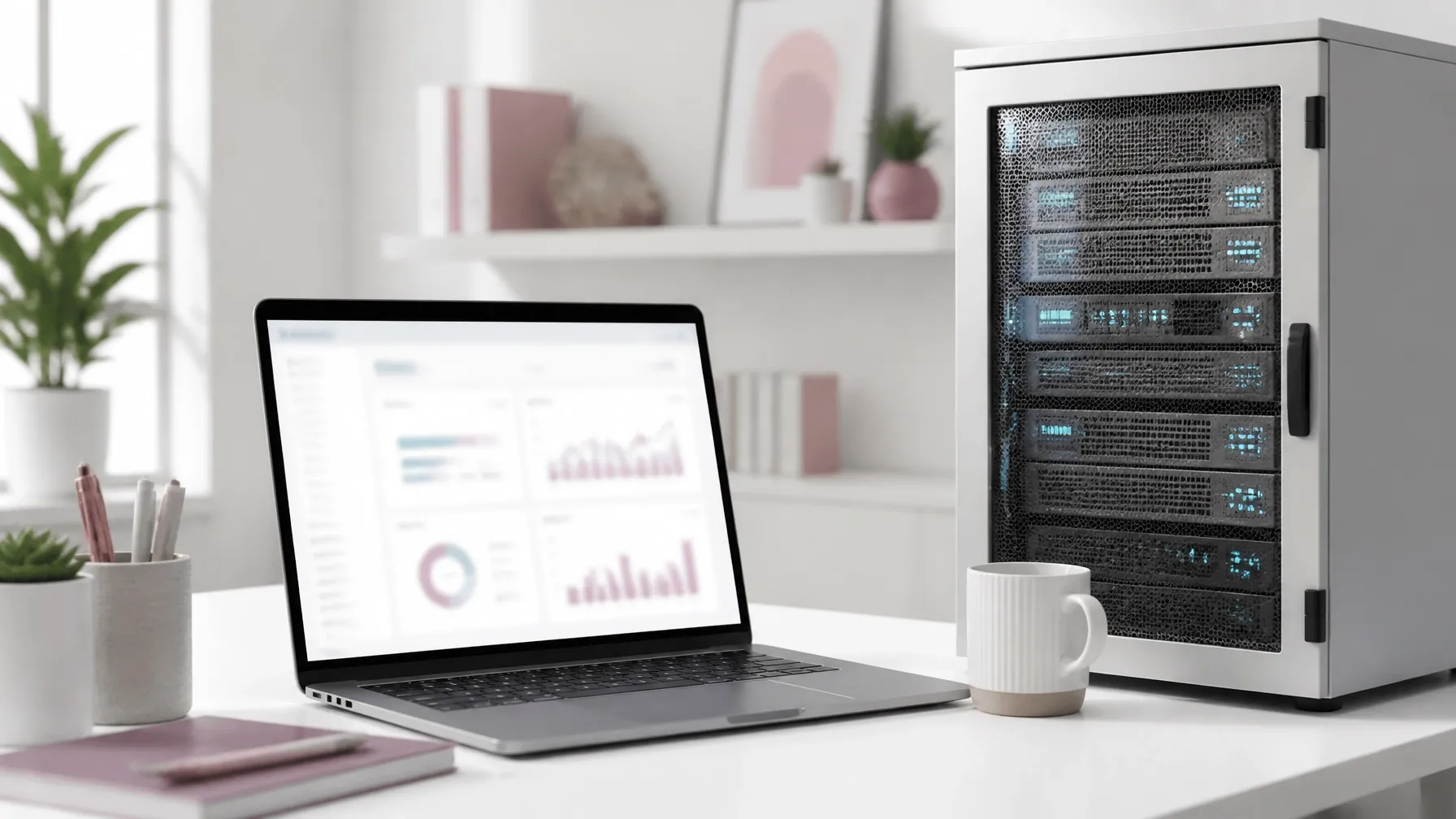 Modern small-business web hosting setup with a laptop and compact server rack