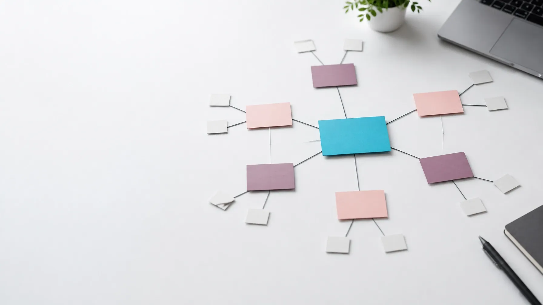 Content SEO hub and spoke architecture represented by connected cyan, mauve, and blush nodes