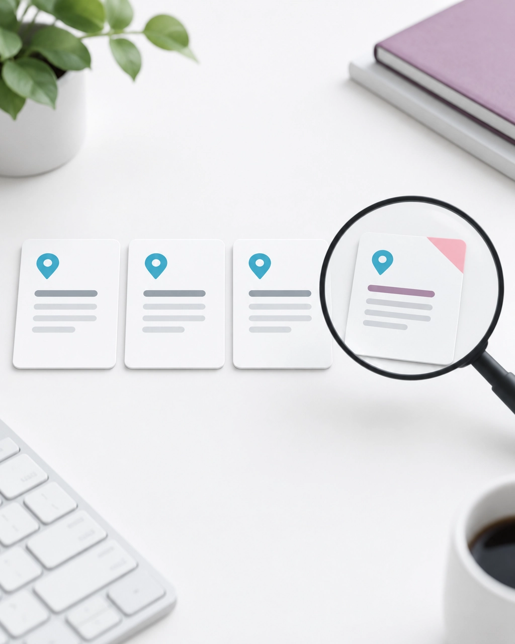 Directory cards with matching location pins and a magnifying glass checking one listing