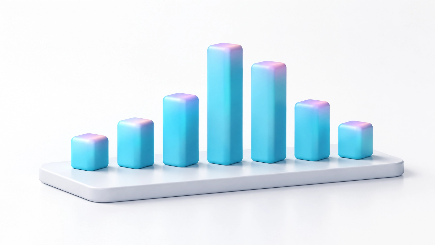 A few bars rise above the others in a clean cyan, mauve, and blush-pink chart