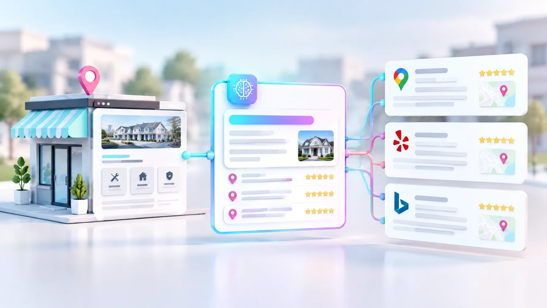Local service business page feeding an AI answer alongside directory and review listings