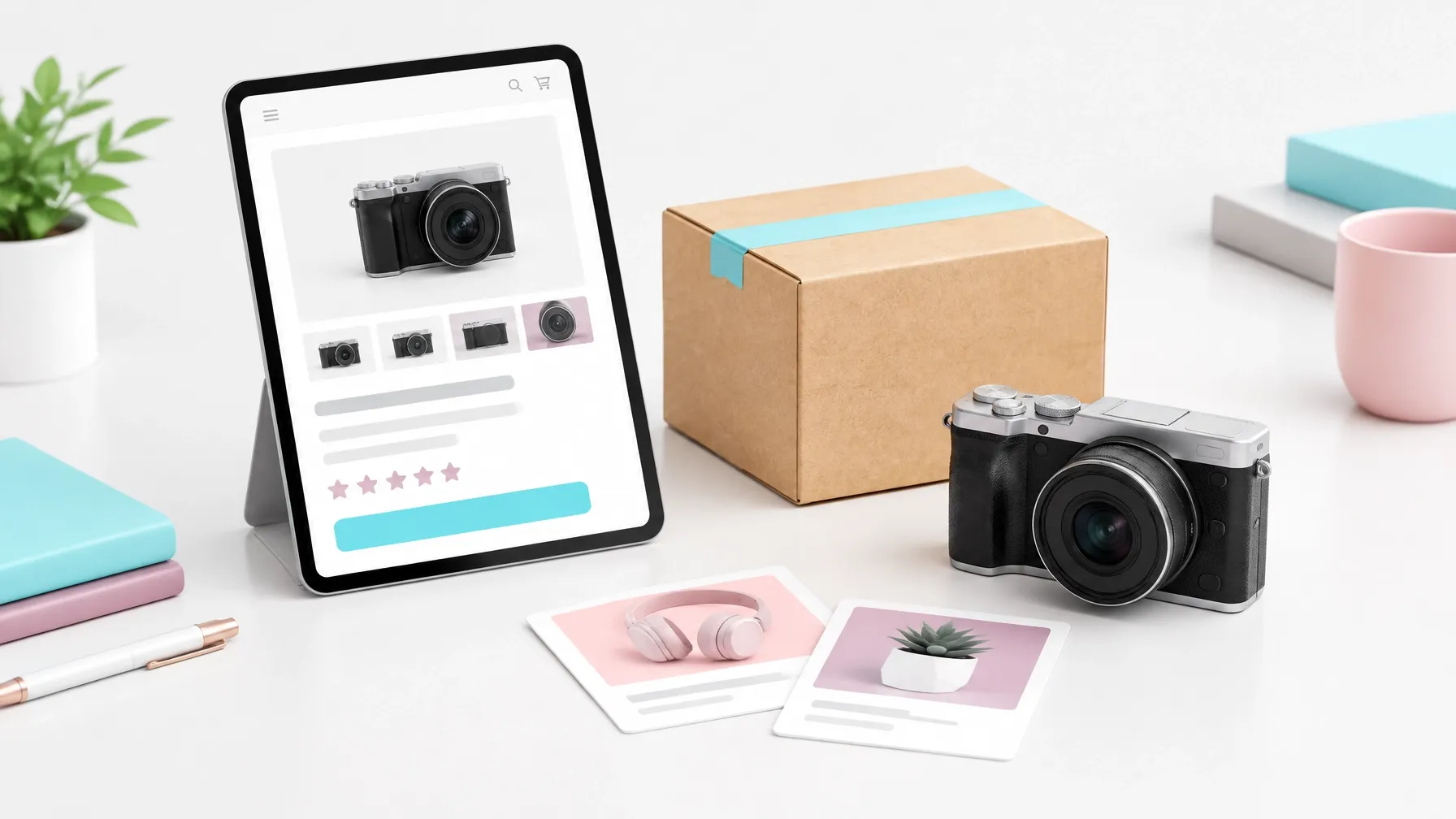 Camera, tablet product listing, shipping box, and packaging supplies representing online reselling