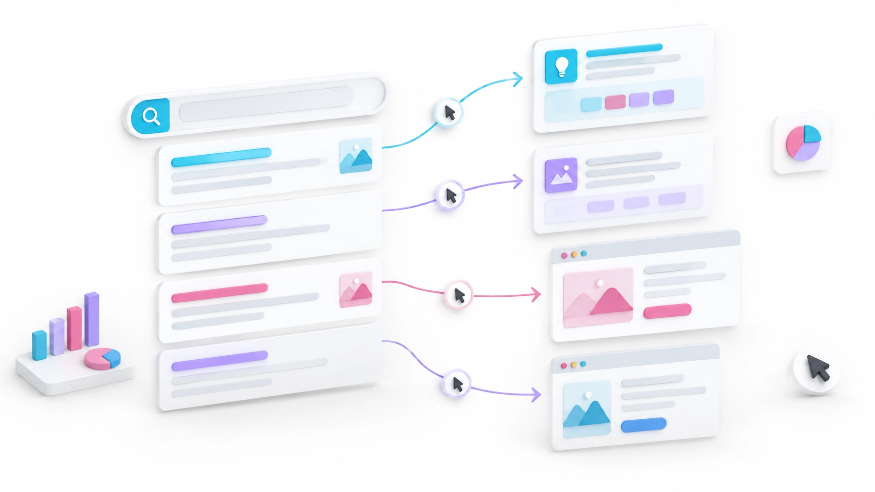 Search cards with some paths ending at an answer panel and others continuing to a website