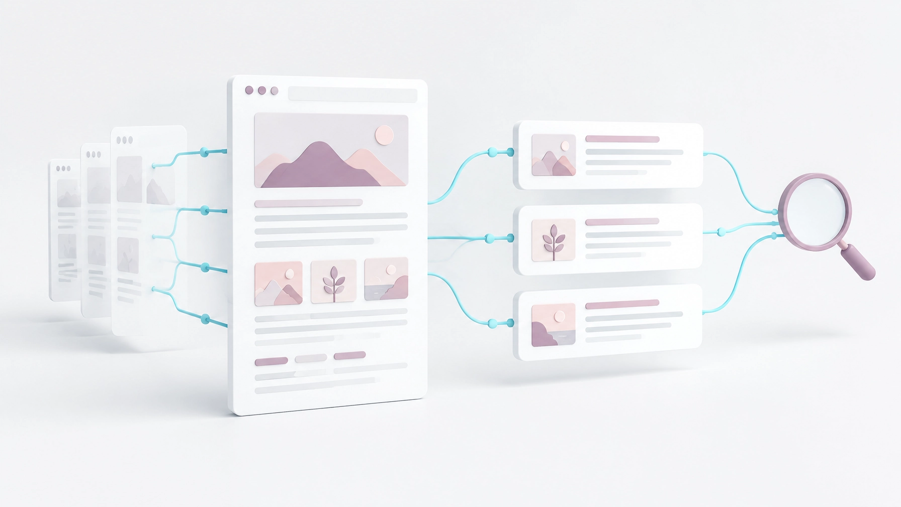A structured website page connected to a small group of answer cards