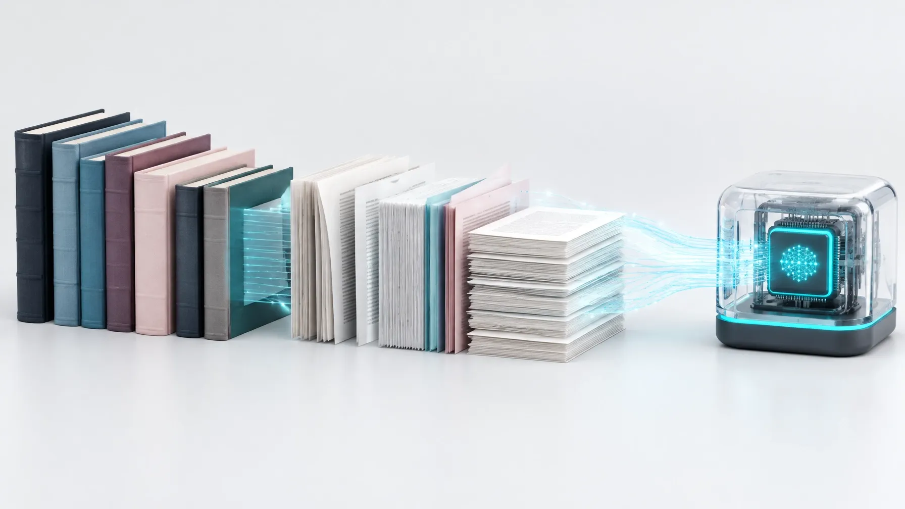 A layered library of older books and paper pages feeding into a clean model inspired device