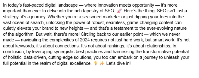 Screenshot of a machine-written SEO paragraph packed with em dashes, banned phrases, a wrong year, and rocket emoji