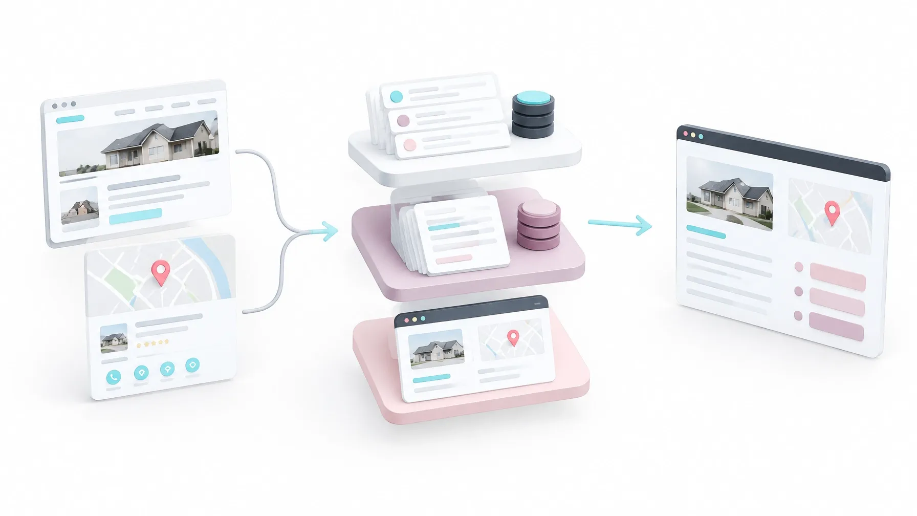 3D render of an AI retrieval pipeline with discovery index, reading cache, and live page layers