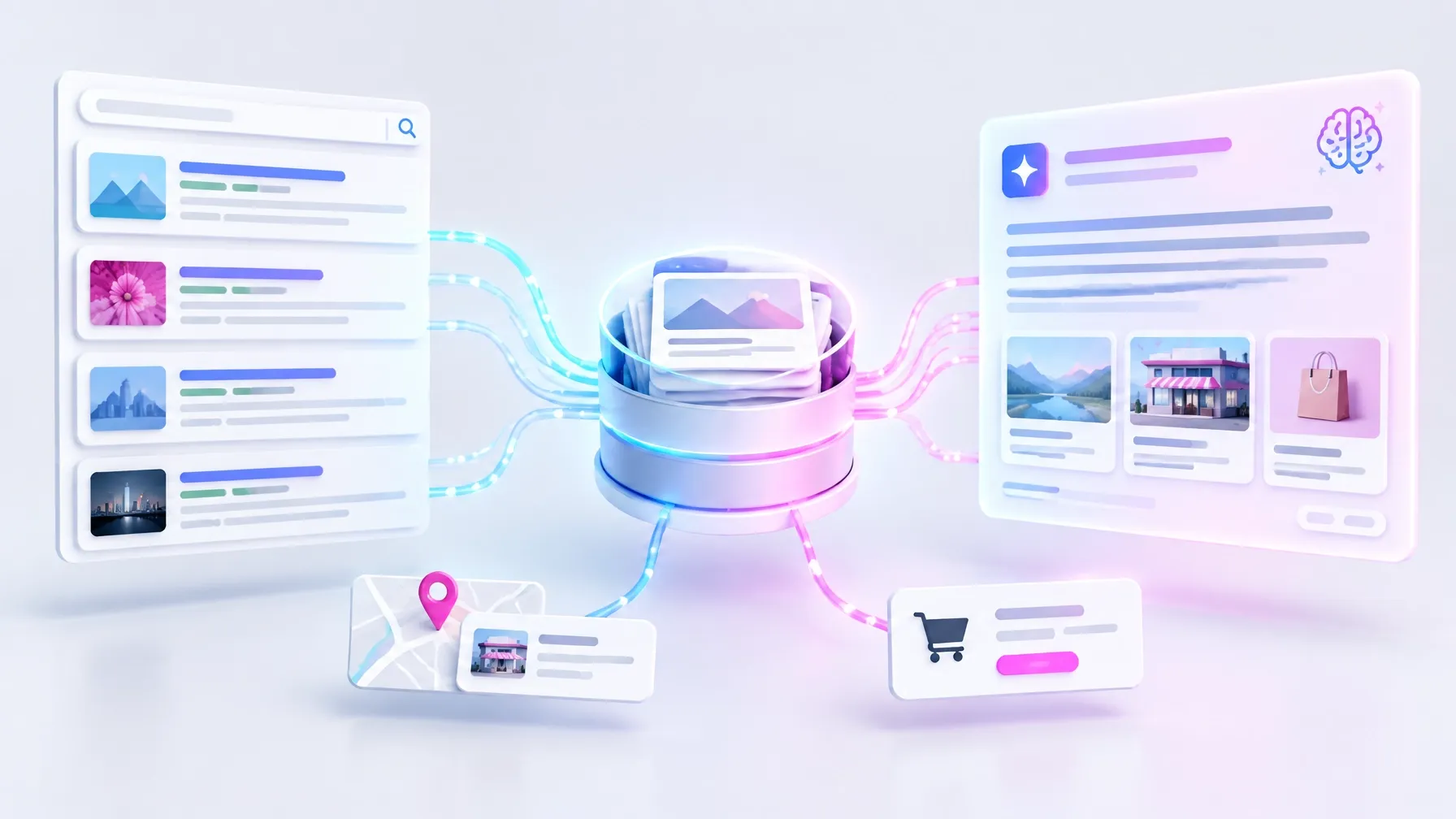 Traditional organic result cards and AI answer cards drawing from the same content source