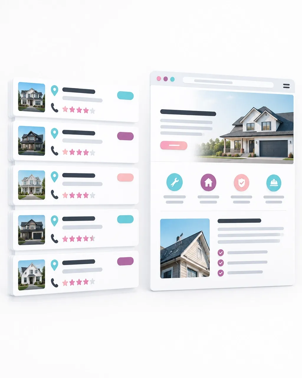 Clean 3D render of directory cards beside a contractor service page