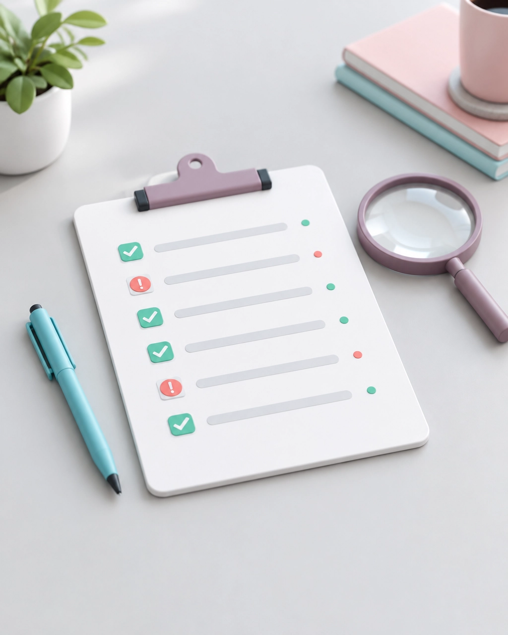 A clipboard with a simple checklist, green checks, and a few red alert markers