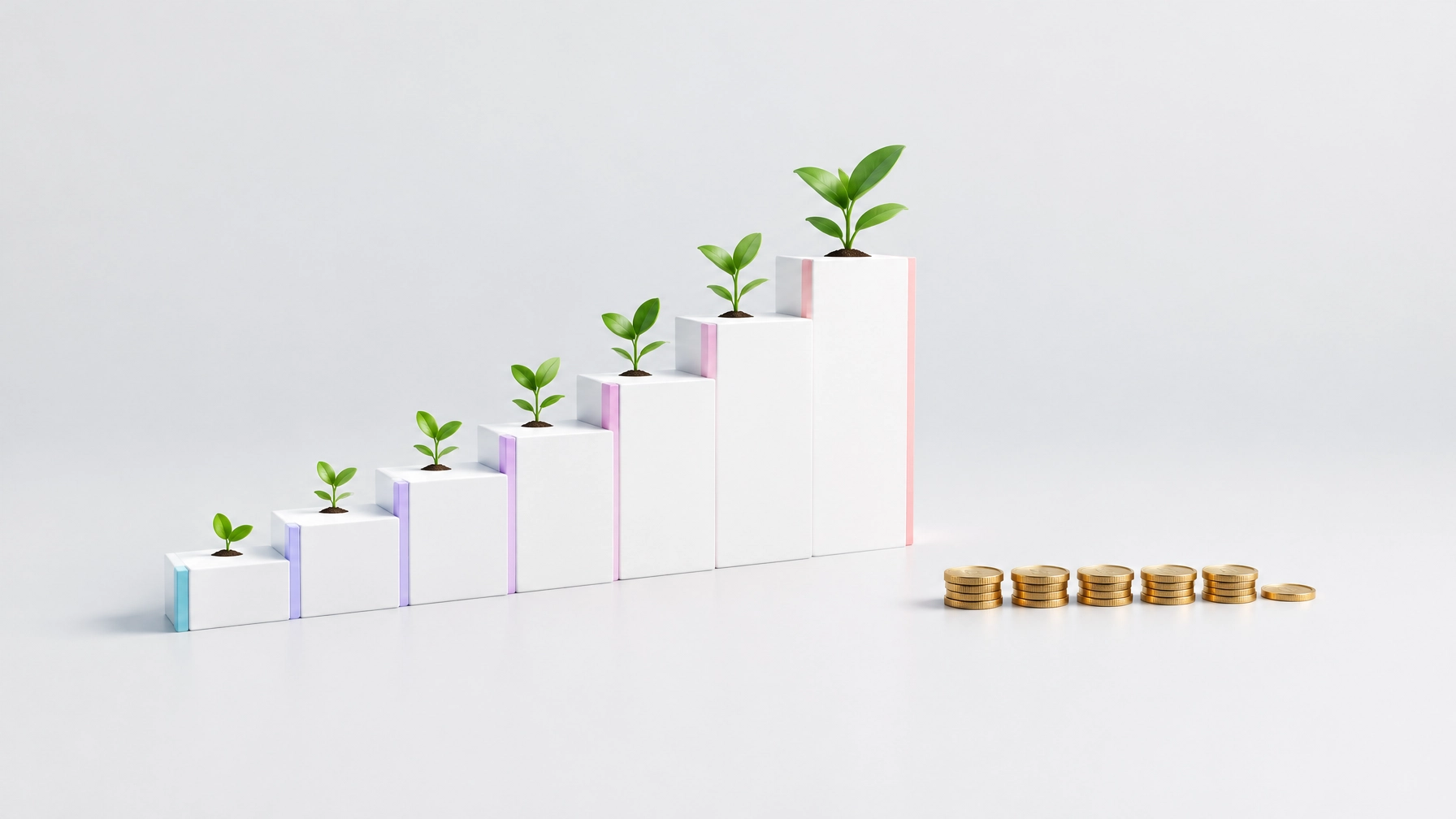 A staircase of bright blocks with small green sprouts rising beside a short line of coins