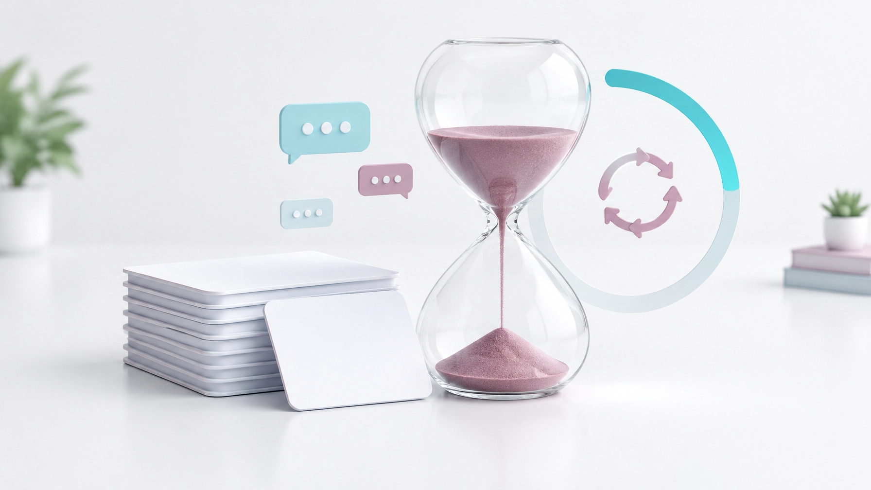 A glass hourglass beside blank prompt cards, representing free-tier usage limits and reset windows