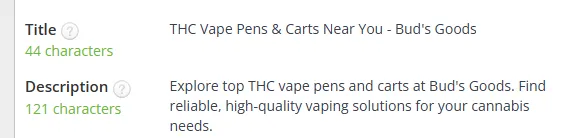 Supplied SEO metadata screenshot showing the vaporizers category title, THC Vape Pens & Carts Near You, at 44 characters, and its 121-character meta description.