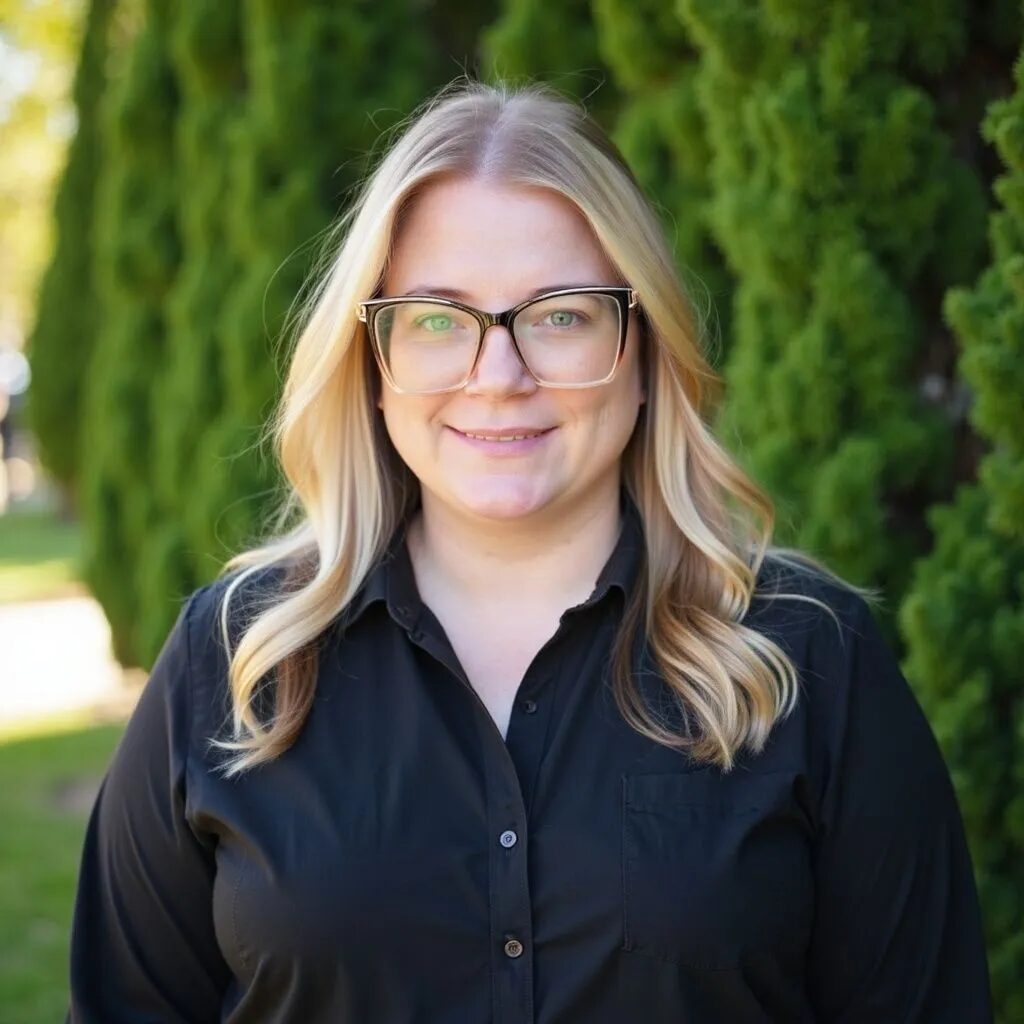 Randi Bagley smiling in glasses and a black shirt outdoors in front of green trees