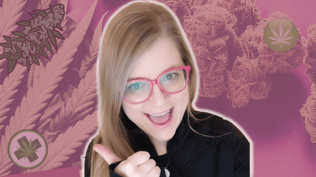 smiling woman with thumbs up with cannabis images in the background