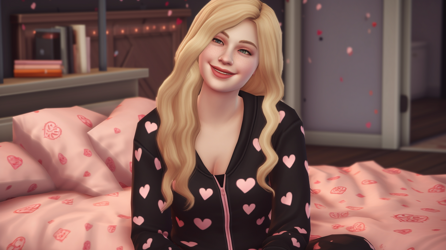 A smiling woman with long blonde hair sitting on a pink bed adorned with heart patterns. She is wearing a black pajama set with pink heart designs, creating a cozy and festive Valentine's Day atmosphere.