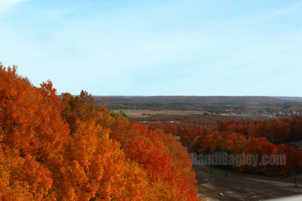 Vibrant fall foliage of orange, red, and yellow with a panoramic countryside view at Boyne Mountain.