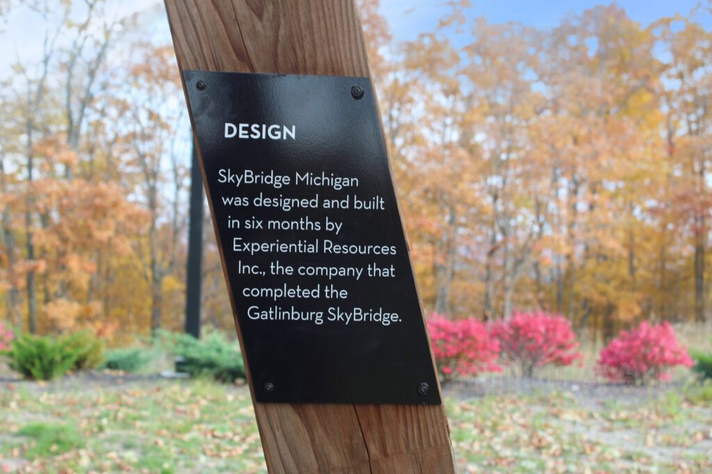 SkyBridge Michigan design sign describing its construction by Experiential Resources Inc. in six months