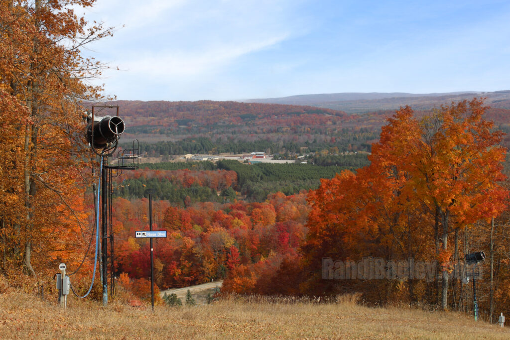 Nose Dive ski run sign surrounded by vibrant fall trees at Boyne Mountain.