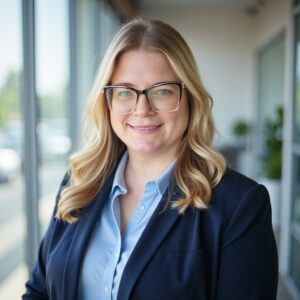 Professional woman in glasses smiling in a bright office hallway, representing AI strategy and SEO consulting.