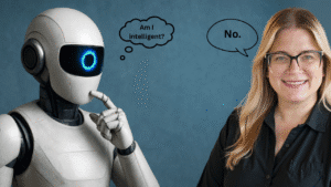 A robot asking himself is he is intelligent and Randi bagley telling it no