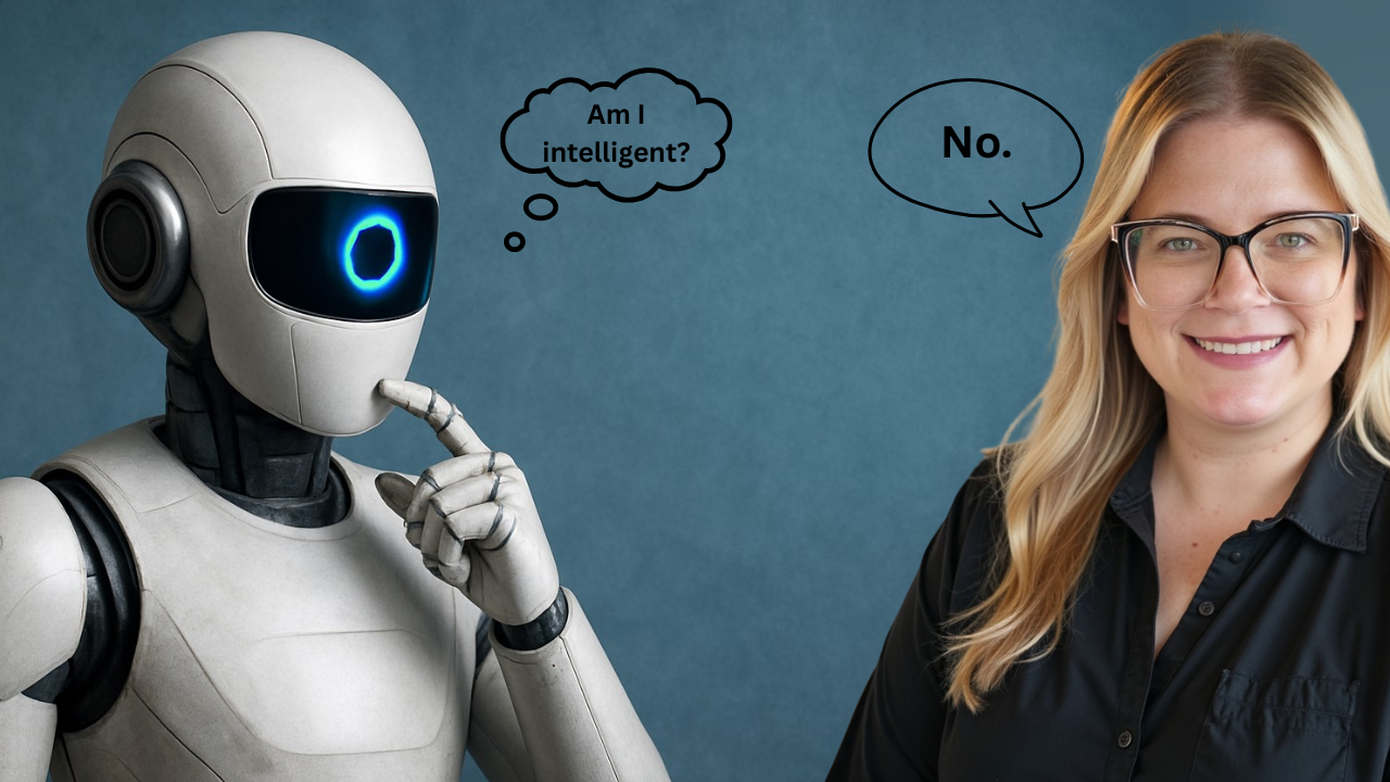 A robot asking himself is he is intelligent and Randi bagley telling it no