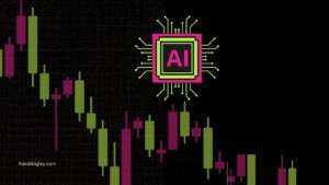 Stylized AI chip above a declining candlestick chart, symbolizing AI project failures