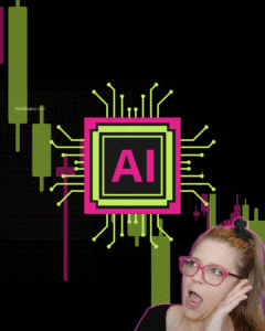 Woman reacting in disbelief beside a stylized AI chip and performance chart.