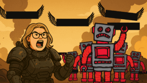 an image of robots holding em dashes going to war with a blonde haired lady portraying ethical AI blogging
