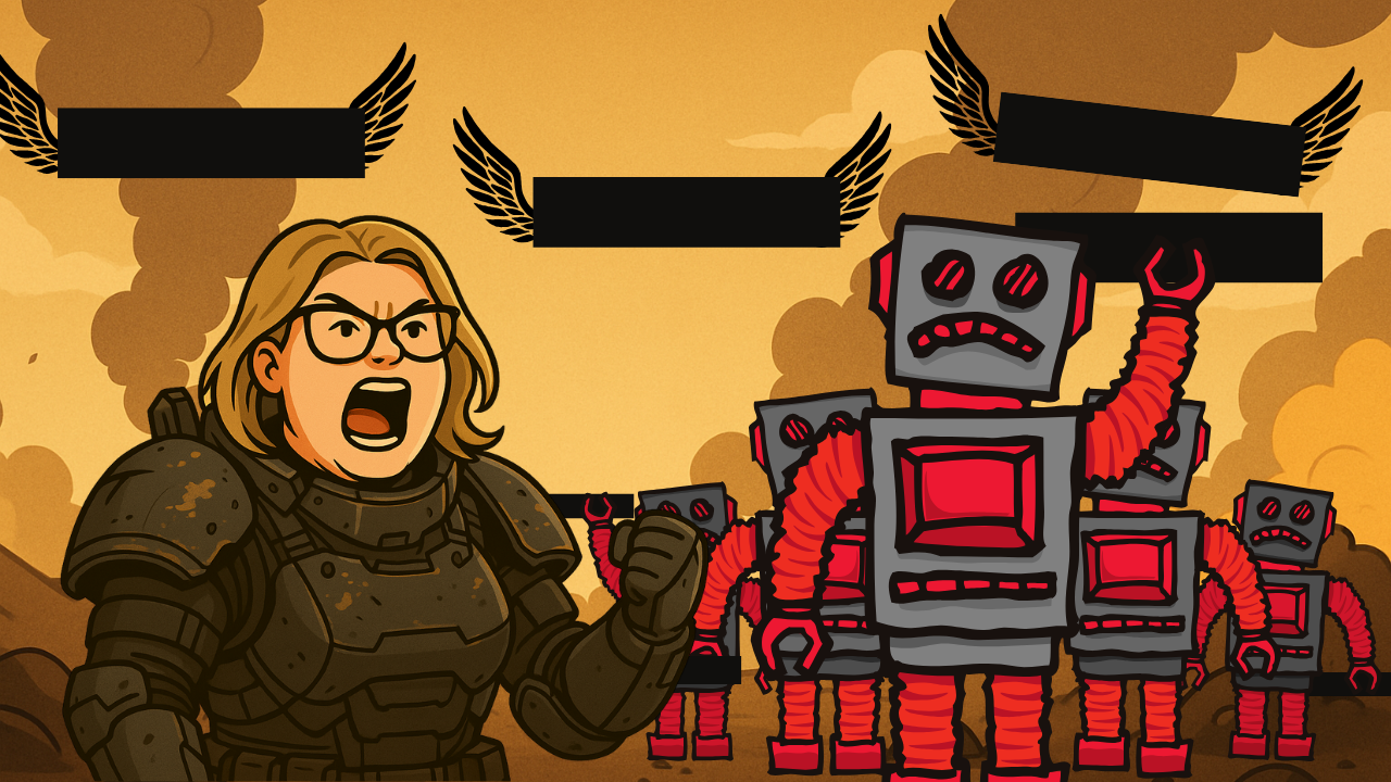 an image of robots holding em dashes going to war with a blonde haired lady