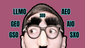 man in disguise with SEO and acronyms surronding him