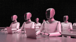 Futuristic humanoid robots using laptops in a row, symbolizing AI blogging tools at work.