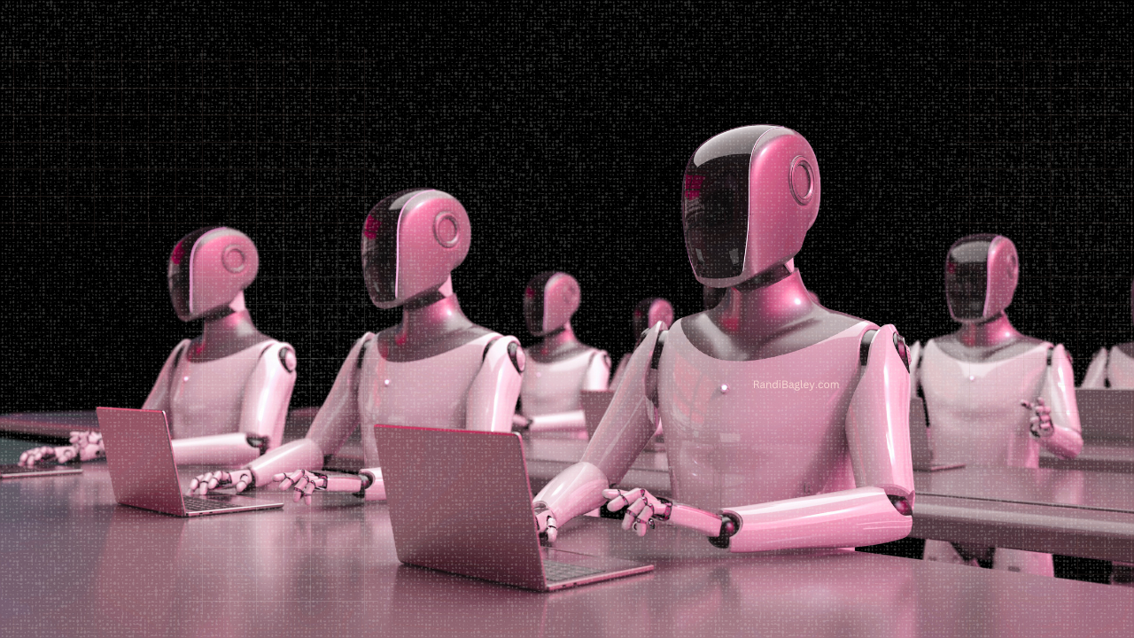 Futuristic humanoid robots using laptops in a row, symbolizing AI blogging tools at work.