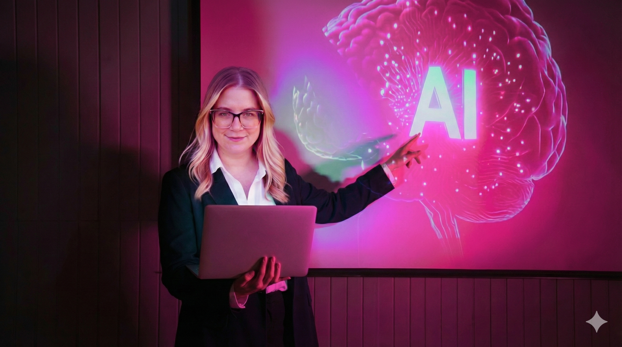 Woman holding laptop presenting AI overview strategies with neural network display showing how Google AI affects blog traffic