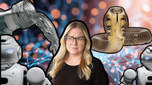 a blog thumbnail of randi looking perplexed with a snake, oil and ai robots around her