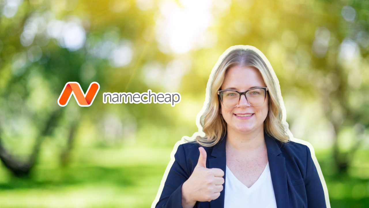 Namecheap review 10 years Randi Bagley outside with a thumbs up next to the namecheap logo