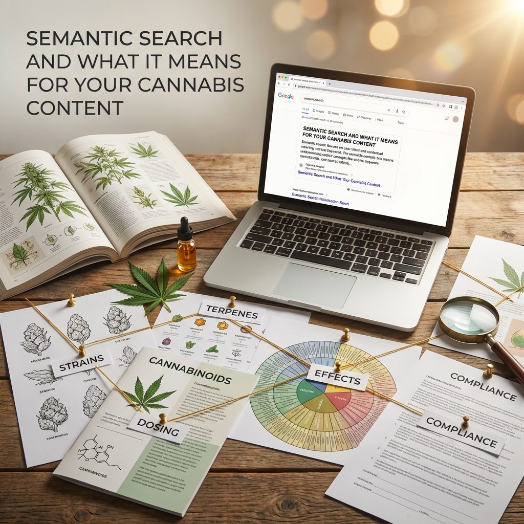 Semantic Search and What It Means for Your Cannabis Content | Randi Bagley AI & SEO Semantic Search and What It Means for Your Cannabis Content, dosing cannabinoids, compliance all connected with a string signifying a diverse content strategy