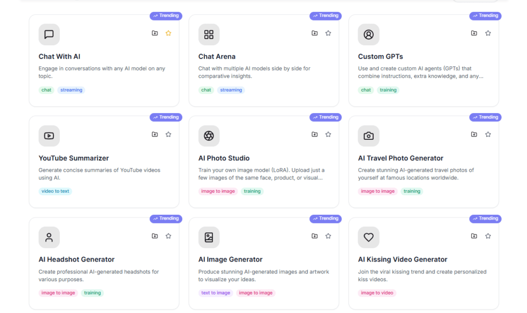 Chat with, AI chat arena, custom gpts, youtube summarizer AI photo studio ai travel photo generator headshot generatore image generator ai kissing video generator