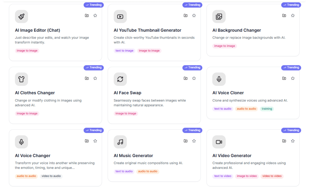 AI image generatore AI youtube thumbnail generator ai background changer ai clothes changer ai face swap ai voice cloner ai voice changer ai music generator ai video generator