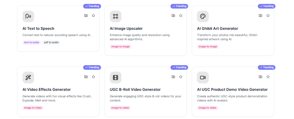 ai tools text to speech, ai image upscaler, Ghibili Art generator, ai video effects generator UGC B roll generator, UGC product demo video generator