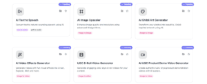 ai tools text to speech, ai image upscaler, Ghibili Art generator, ai video effects generator UGC B roll generator, UGC product demo video generator