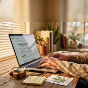 topical authority cannabis seo hands on a laptop that has "cannabis seo strategy" on the screen, a stick notes pad with keywords, hemp, regulation, user intent and link building written on it. randibagley.com