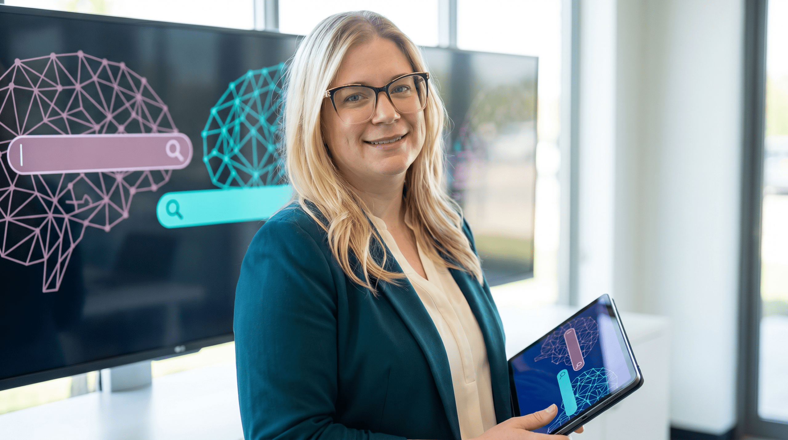 Randi wearing a deep teal blazer over a cream blouse